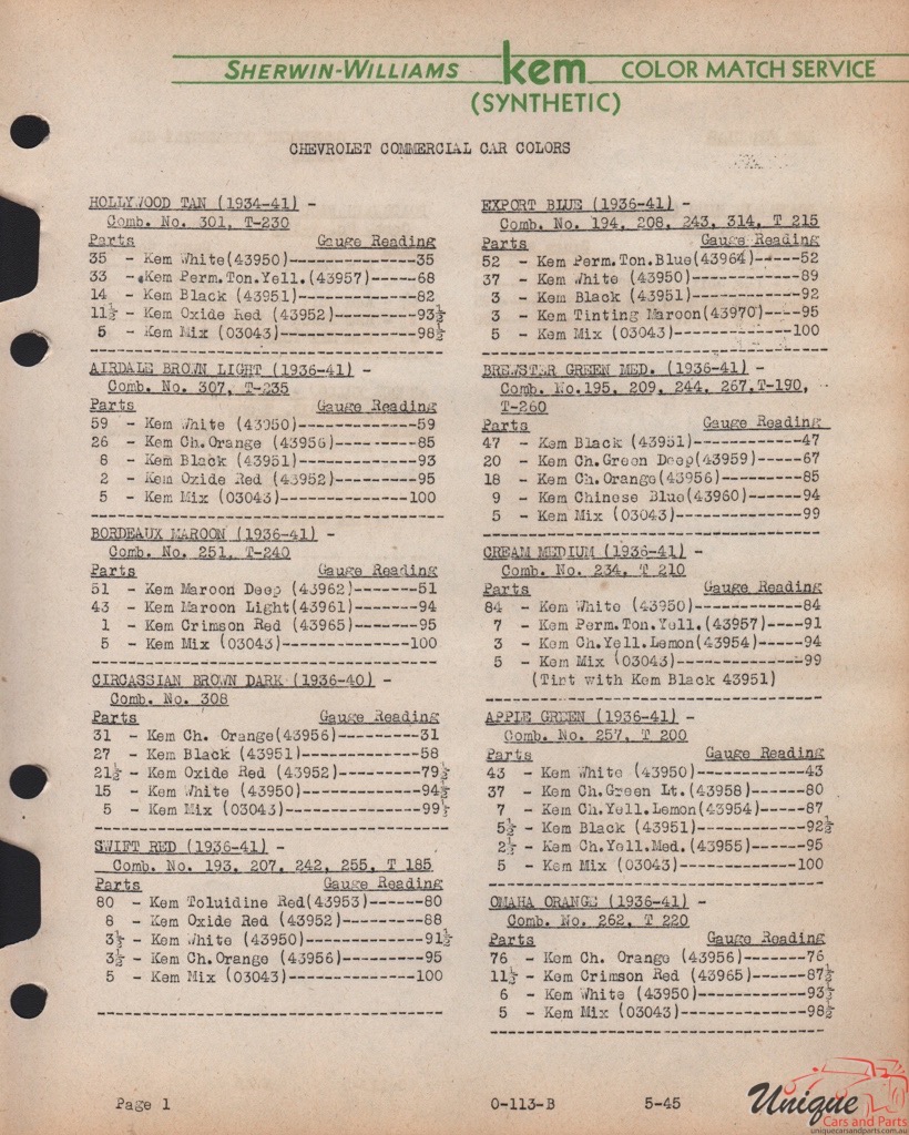 1941 GM Truck And Commercial Paint Charts Williams 4
